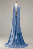 Strapless Mermaid Sparkly Champagne Satin Beaded Convertible Long Formal Dress