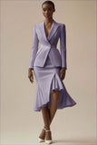 Burgundy Ruffled Peak Lapel 2 Piece Midi Work Dress
