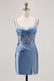 Royal Blue Satin Bodycon Ruched Short Corset Cocktail Dress with Slit