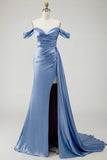 Mermaid Off the Shoulder Beaded Ruched Satin Golden Long Formal Dress with Slit