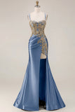 Sparkly Dark Green Satin Mermaid Beaded Sequin Long Formal Dress with Slit