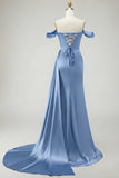 Mermaid Off the Shoulder Beaded Ruched Satin Golden Long Formal Dress with Slit