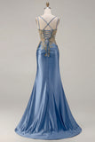 Sparkly Dark Green Satin Mermaid Beaded Sequin Long Formal Dress with Slit