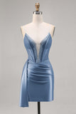 Sparkly Navy Satin Beaded Corset Short Cocktail Dress with Sash