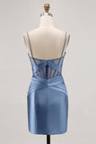 Royal Blue Satin Bodycon Ruched Short Corset Cocktail Dress with Slit