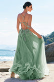 Green A-Line Spaghetti Straps Tulle Long Formal Dress with Criss Cross Back