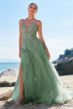 Green A-Line Spaghetti Straps Tulle Long Formal Dress with Criss Cross Back