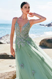 Green A-Line Spaghetti Straps Tulle Long Formal Dress with Criss Cross Back