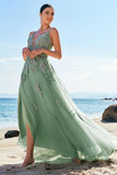 Green A-Line Spaghetti Straps Tulle Long Formal Dress with Criss Cross Back