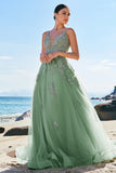 Green A-Line Spaghetti Straps Tulle Long Formal Dress with Criss Cross Back