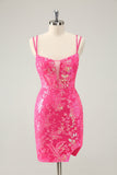 Glittler Hot Pink Bodycon Lace Up Cocktail Dress with Slit