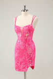 Glittler Hot Pink Bodycon Lace Up Cocktail Dress with Slit