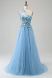 Gorgeous A Line One Shoulder Light Blue Corset Formal Dress with Appliques