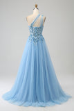 Light Blue A-Line One Shoulder Sequin Formal Dress with Appliques