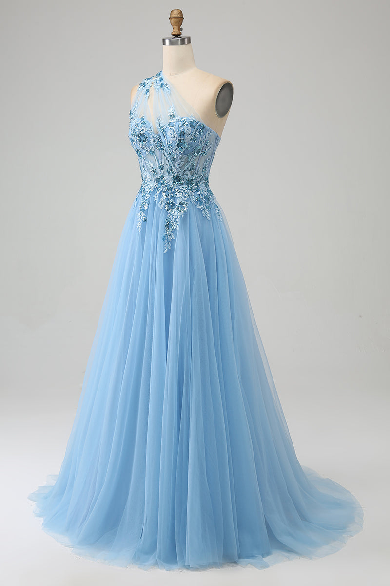 Load image into Gallery viewer, Light Blue A-Line One Shoulder Sequin Formal Dress with Appliques