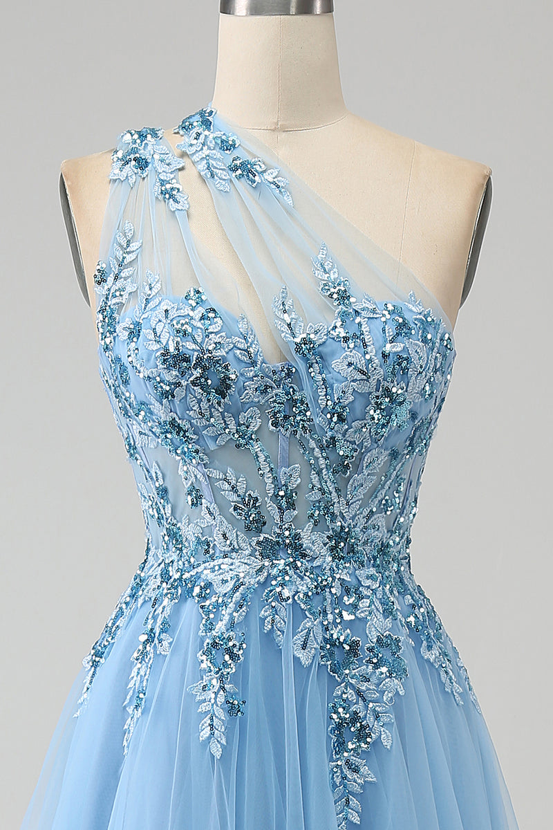 Load image into Gallery viewer, Light Blue A-Line One Shoulder Sequin Formal Dress with Appliques