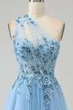 Light Blue A-Line One Shoulder Sequin Formal Dress with Appliques