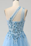 Light Blue A-Line One Shoulder Sequin Formal Dress with Appliques