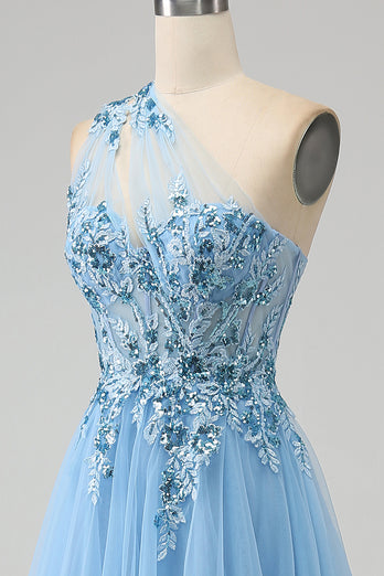Light Blue A-Line One Shoulder Sequin Formal Dress with Appliques