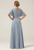 Load image into Gallery viewer, Dusty Blue A-Line V Neck Short Sleeves Chiffon Bridesmaid Dress