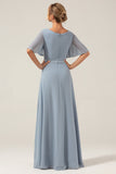 Dusty Blue A-Line V Neck Short Sleeves Chiffon Bridesmaid Dress