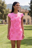 Yellow Round Neck Bodycon Short Formal Dress with 3D Flowers