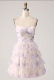 Lavender Flower A Line Spaghetti Straps Tiered Pleated Short Cocktail Dress