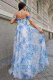 White Blue Flower A-Line Off the Shoulder Bridesmaid Dress with Slit