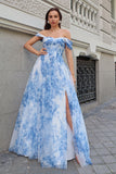 White Blue Flower A-Line Off the Shoulder Bridesmaid Dress with Slit