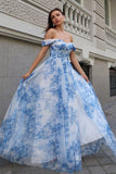 White Blue Flower A-Line Off the Shoulder Bridesmaid Dress with Slit