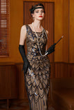 Sparkly Black Apricot Sequins Sheath 1920s Dress