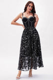 Black Printed A-Line Spaghetti Straps Party Dress