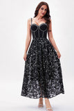 Black Printed A-Line Spaghetti Straps Party Dress