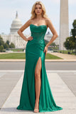 Dark Green Satin Strapless Mermaid Corset Beaded Long Formal Dress with Slit