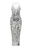 Silver Sheath Halter V-Neck Sequins Tassel Party Dress