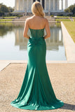 Dark Green Satin Strapless Mermaid Corset Beaded Long Formal Dress with Slit