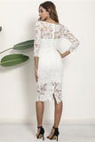 White Sheath 3/4 Sleeves Boat Neck Lace Knee Length Party Dress