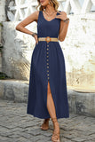 Army Green Scoop Neck A Line Long Summer Dress with Belt