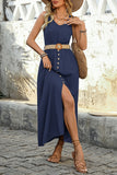 Army Green Scoop Neck A Line Long Summer Dress with Belt