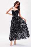 Black Printed A-Line Spaghetti Straps Party Dress