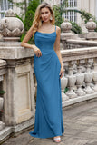 A Line Ink Blue Spaghetti Straps Long Bridesmaid Dress with Lace Up Back