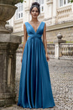 A-Line Eucalyptus V Neck Chiffon Long Bridesmaid Dress with Lace Up Back