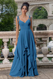 Eucalyptus A Line Spaghetti Straps Long Bridesmaid Dress with Ruffles