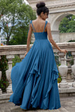 Eucalyptus A Line Spaghetti Straps Long Bridesmaid Dress with Ruffles