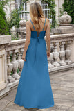 A Line Ink Blue Spaghetti Straps Long Bridesmaid Dress with Lace Up Back