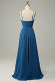 Dusty Blue Spaghetti Straps Sleeveless Bridesmaid Dress