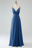 Dusty Blue A-Line Spaghetti Straps Pleated Chiffon Long Bridesmaid Dress