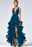 Black Ruffled V Neck Long Formal Dress with Slit