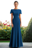 Royal Blue Crepe Satin Sheath Short Sleeves Long Mother Of Bride Dress