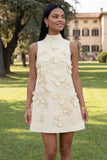 Hot Pink High Neck A-Line Short Formal Dress with 3D Flowers